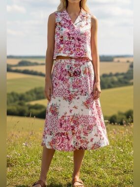 Haute Hippie Linen Floral Patchwork 2 Piece Set Size Medium EUC
